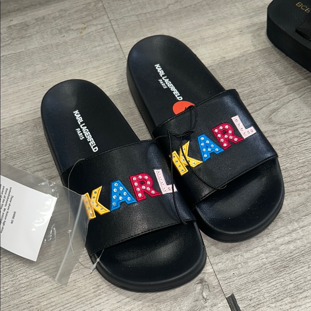 Karl Lagerfeld Black and Red Slide Sandals